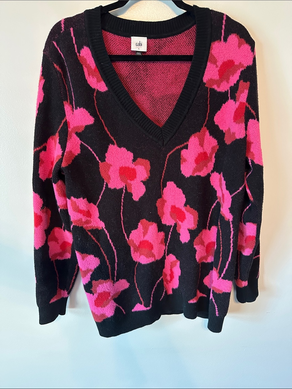 CAbi Black V-Neck Sweater with Hot Pink Floral Design
